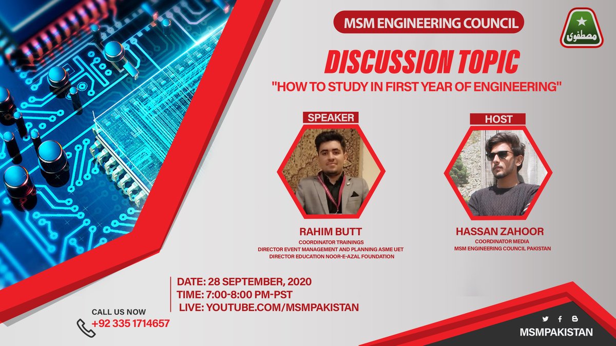 MSMPakistan_'s tweet photo. 𝐌𝐒𝐌 𝐄𝐧𝐠𝐢𝐧𝐞𝐞𝐫𝐢𝐧𝐠 𝐂𝐨𝐮𝐧𝐜𝐢𝐥 𝐏𝐫𝐞𝐬𝐞𝐧𝐭𝐬  Online Workshop on "How to Study in first year of Engineering"

This session will be on September 28 at 7:15-8:15 PM-PST.

Session will be live on the official YouTube of MSM Pakistan 

 link: https://t.co/OwVCkuXDnS https://t.co/ZzJ1JeJW3l
