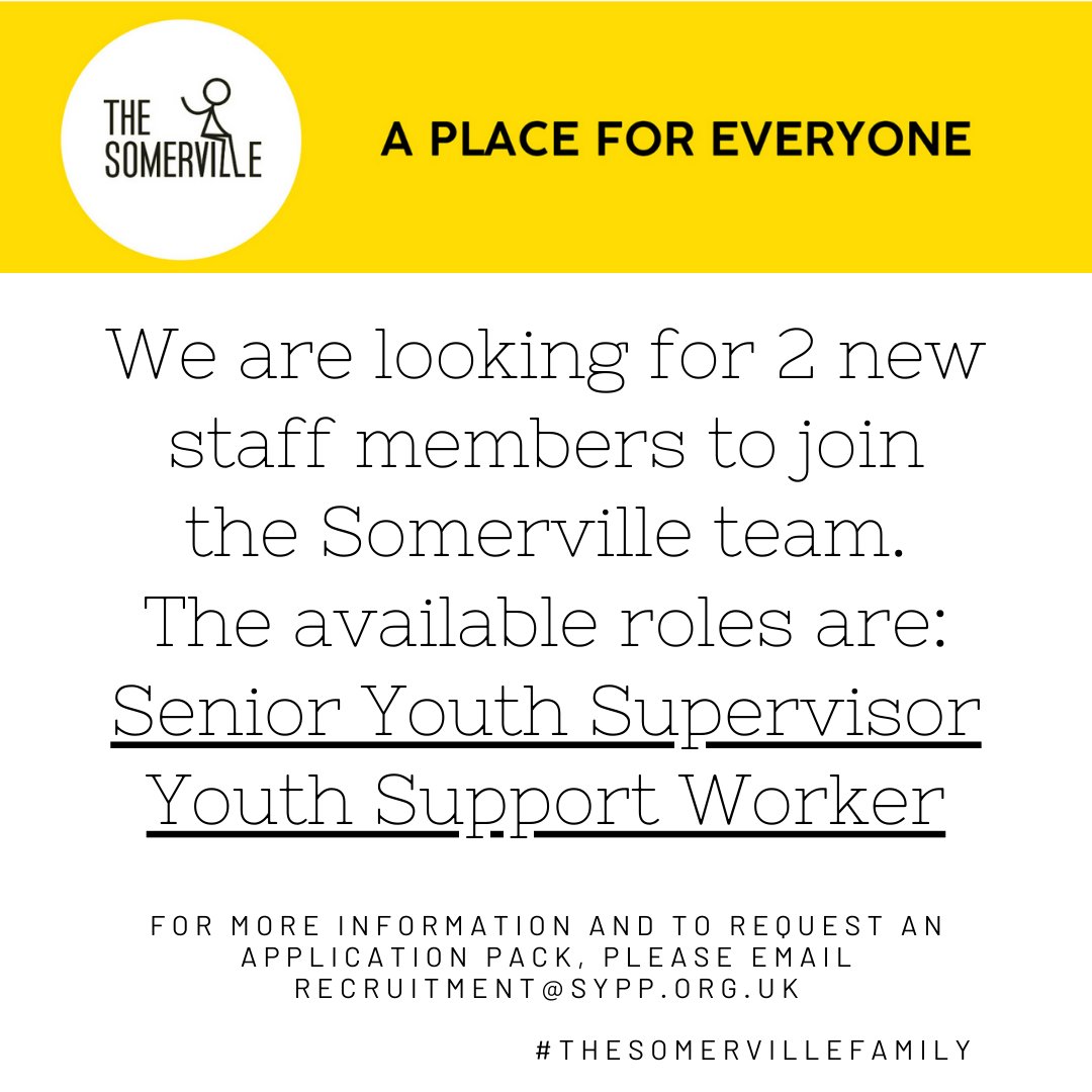 somervilleyouth's tweet photo. We’re looking for:
x1 Senior Youth Supervisor
x1 Youth Support Worker
Closing date for the application: 27th October 2020, noon.
If you feel you have the necessary skills and experience to bring to the post, please email recruitment@sypp.org.uk to request an application pack. https://t.co/y0V0dDhGzW