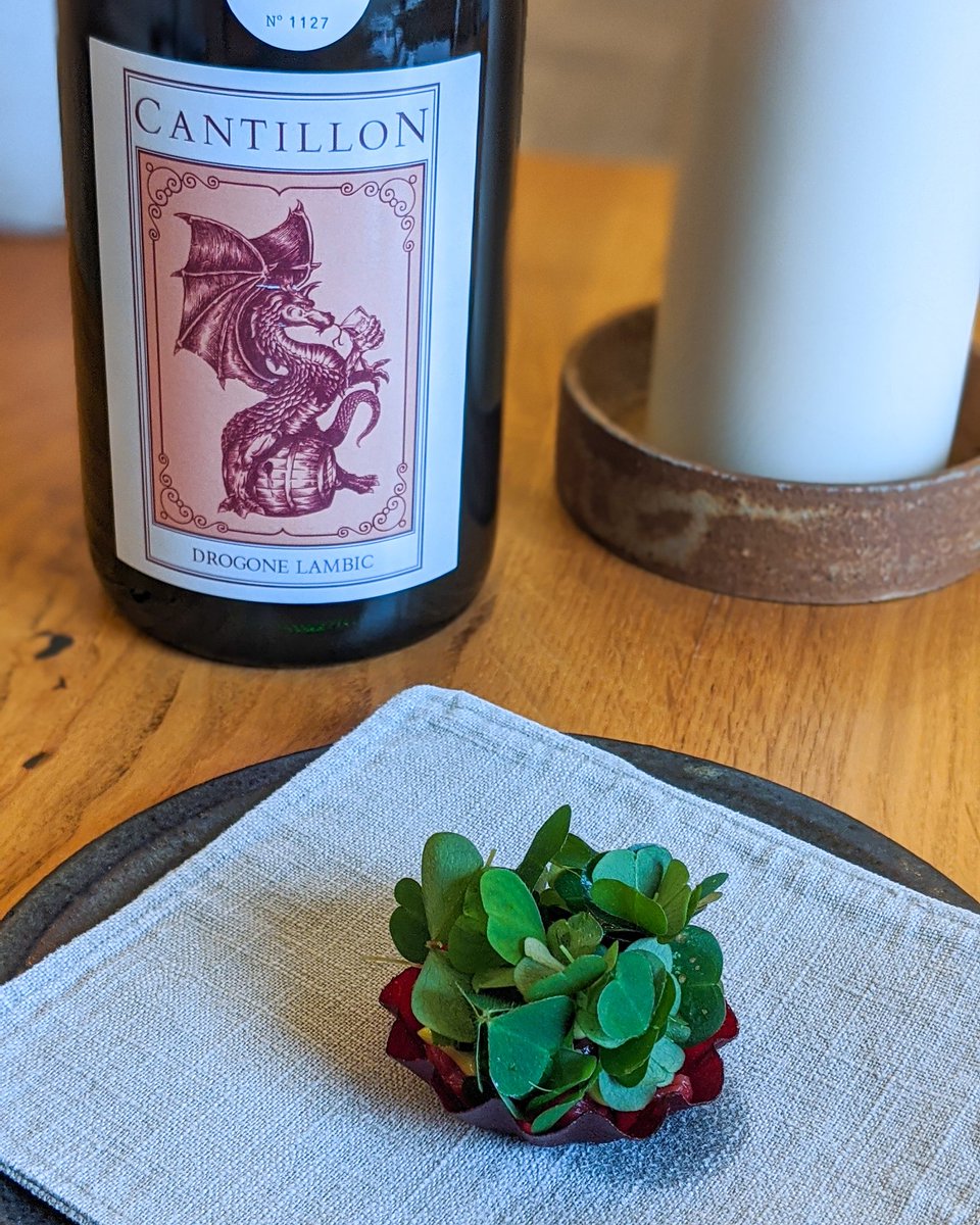 Beetroot tart, roe deer tartare, tarragon and wood sorrel alongside our newly acquired Brasserie Cantillon and Cantina Giardino Drogone Lambic beer