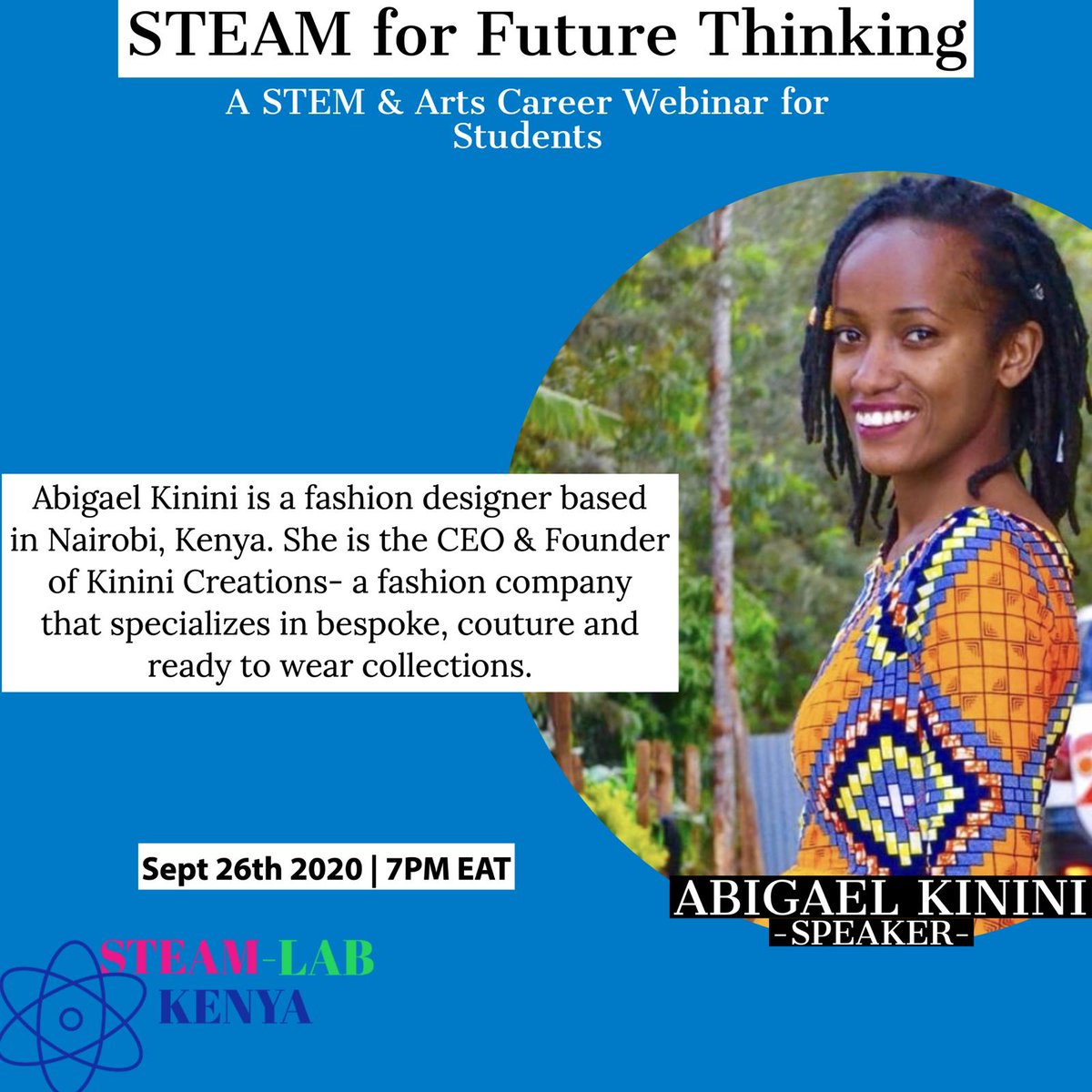 steamlabke's tweet photo. Bringing the ‘A’ in STEAM is @kininiabigael.
She’ll be sharing on the fashion design field, the training, and whatever it takes to be establish oneself in fashion design. 
#kininicreations #fashion #STEAM #steamlabke #Arts #STEAMforFutureThinking #nairobidesign #WomenInSTEM https://t.co/SvfyxhbTpG