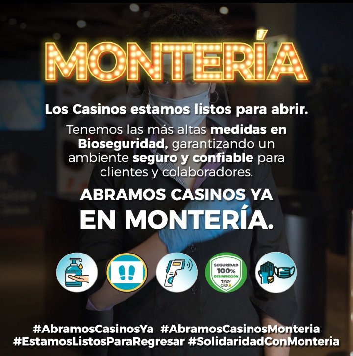 PedroRubnMeja1's tweet photo. Los Casinos de Montería están listos para ofrecer el mejor entretenimiento, cumpliendo con los más estrictos protocolos de bioseguridad. Solicitamos el apoyo de la alcaldía para poder abrir ya! @SaludMonteria  @SecGobMonteria @CordobaSalud @OFGestionSocial @GobCordoba_ https://t.co/XjeY9mpkhO