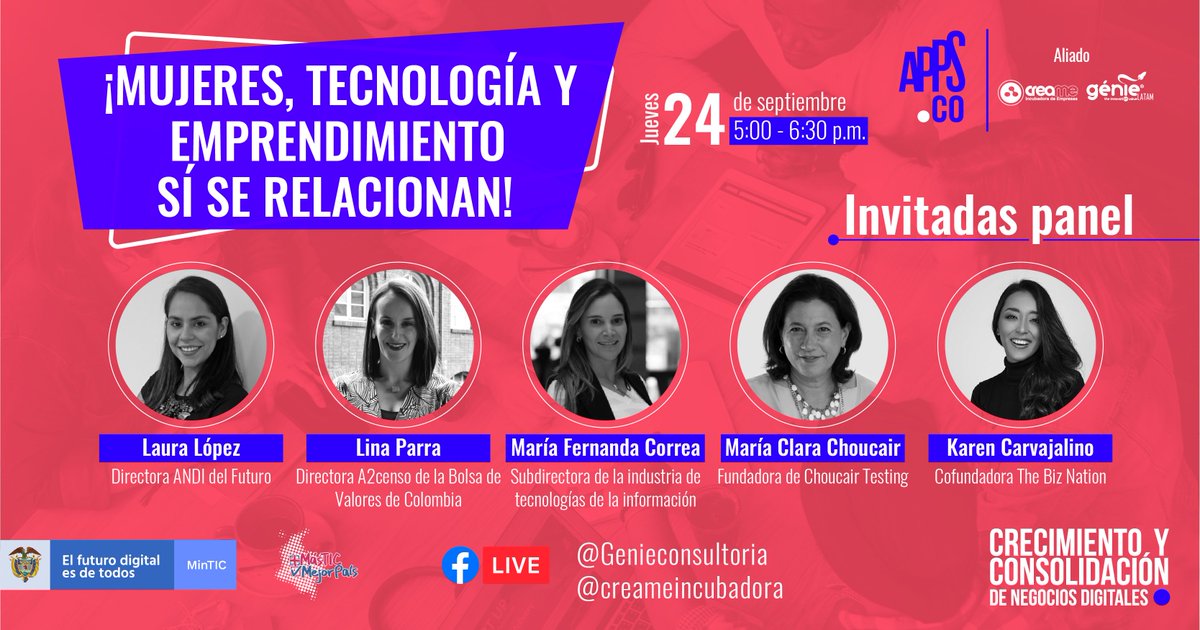 panteramakers's tweet photo. Hoy no te pierdas este súper encuentro con 5 mujeres inmersas en la tecnología. Nos vemos a las 5 pm. por facebook live de @GenieLATAM con retransmisión por facebook de @infocreame https://t.co/mrbYW5MxQv