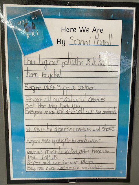 hextableprimary's tweet photo. Year 3 have some notes for the planet  after reading ‘Here We Are’ by @OliverJeffers 🌎 #CLPEWordsForTheWorld https://t.co/rfQaa2LRop