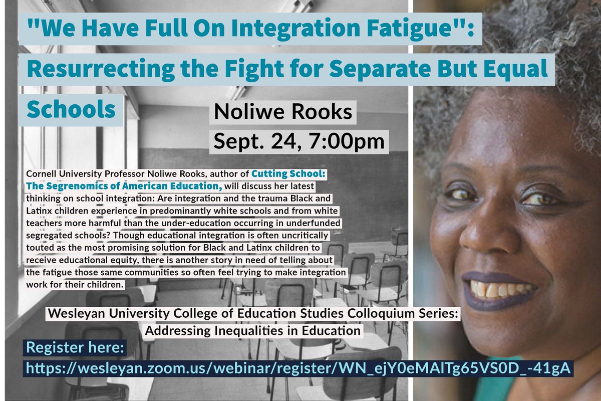 AWGrillo's tweet photo. Join us for the opening speaker in the College of Education Studies Colloquium series: Addressing Inequalities in Education. 
Noliwe Rooks is Professor of Africana Studies and W.E.B. Du Bois Professor of Literature at Cornell University.
 Register here:  https://t.co/RSAMR2e12o https://t.co/jdWKbM5t2k