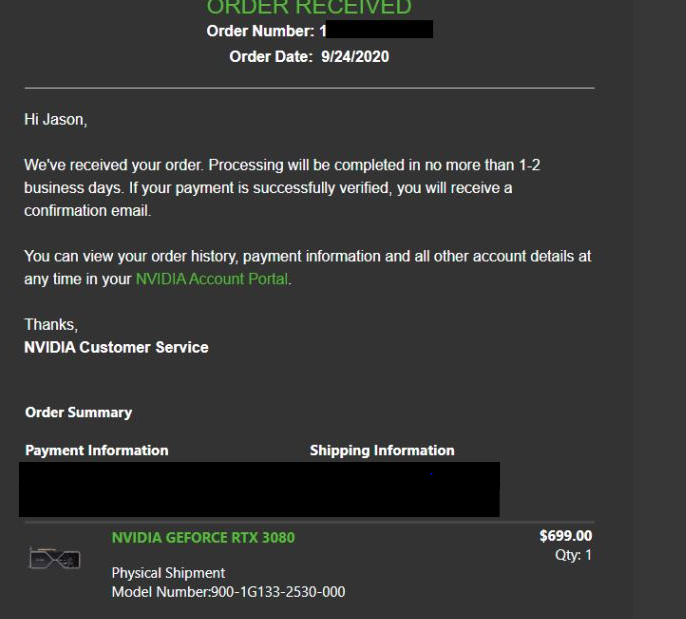 jayhad81's tweet photo. Everyone was concerned about getting a 3090 this morning, went on Nvidia's site last night and scored a 3080.  Never battle the bots during peak times! https://t.co/C27G75zoe5