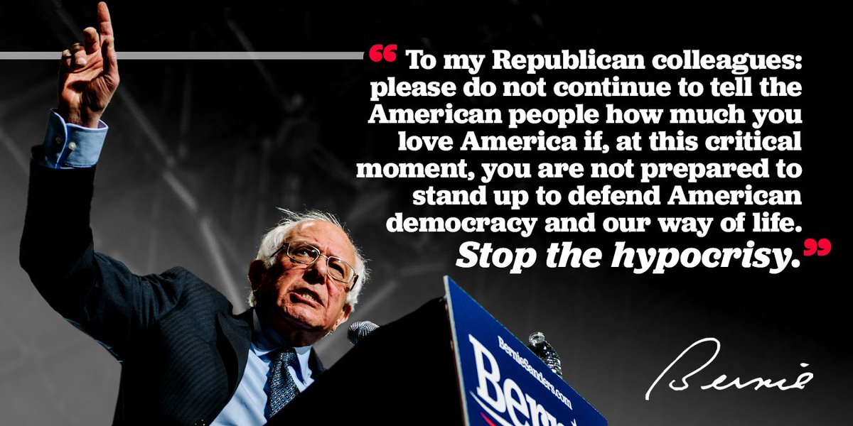 BernieSanders's tweet photo. To my Republican colleagues in the Congress, please do not continue to tell the American people how much you love America if, at this critical moment, you are not prepared to stand up to defend American democracy and our way of life.
Stop the hypocrisy. https://t.co/MWXHCLLgpq