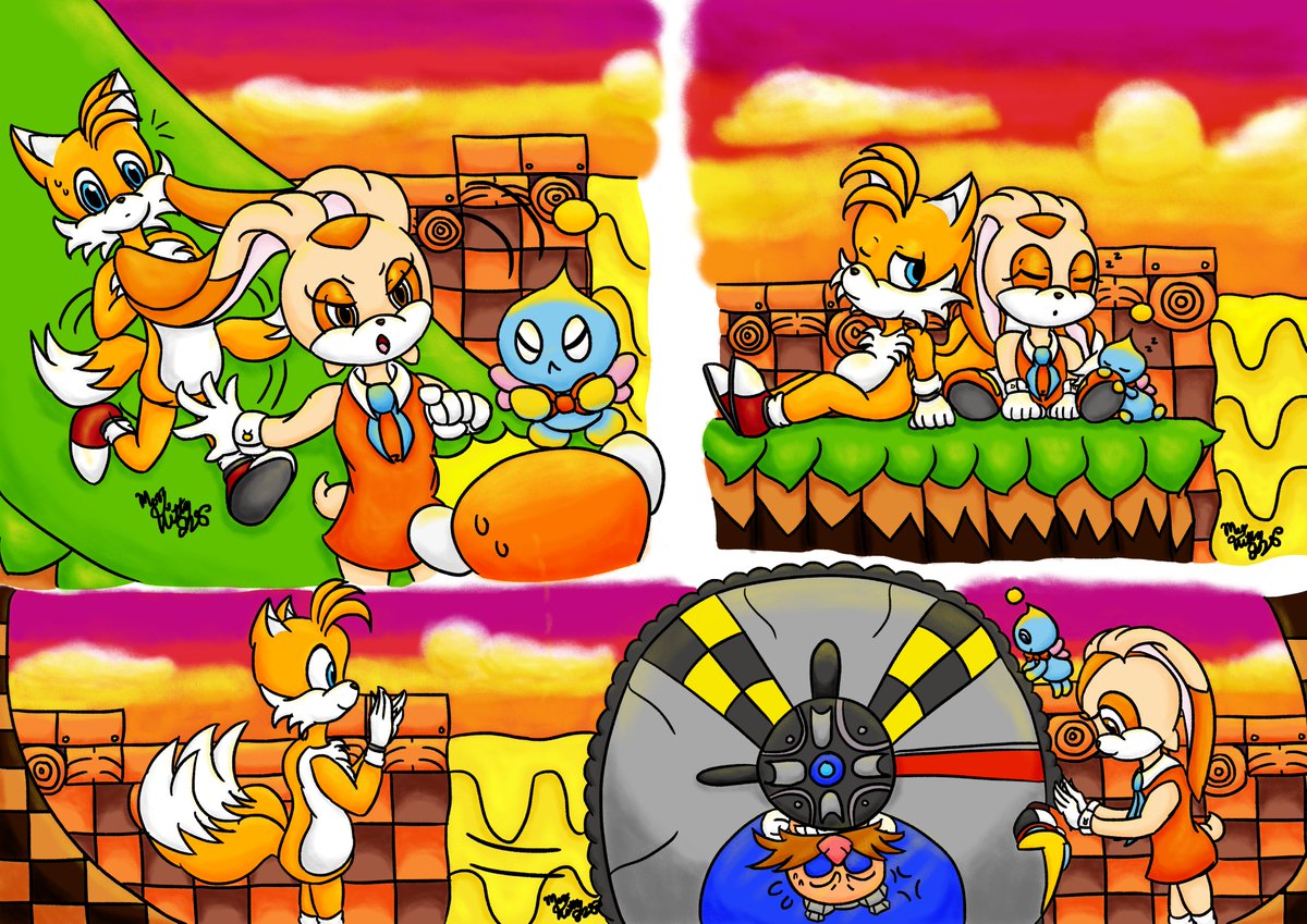 MerryKitty828's tweet photo. Time for Zone 2! One of my favourites because I love how the sunset looks from the background 💗 Love how they are playing with Eggman 😂! Next drawing is going to be a little bonus comic that I could not fit onto one drawing~! #taiream #tailream #crails https://t.co/pkfbZ9wUen