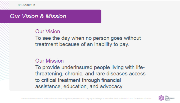 GlobalGenes's tweet photo. Christina Hartman says the vision of @AssistanceFund is to never see a person go without treatment because of inability to pay. #2020GGSummit https://t.co/duHmRltZPT