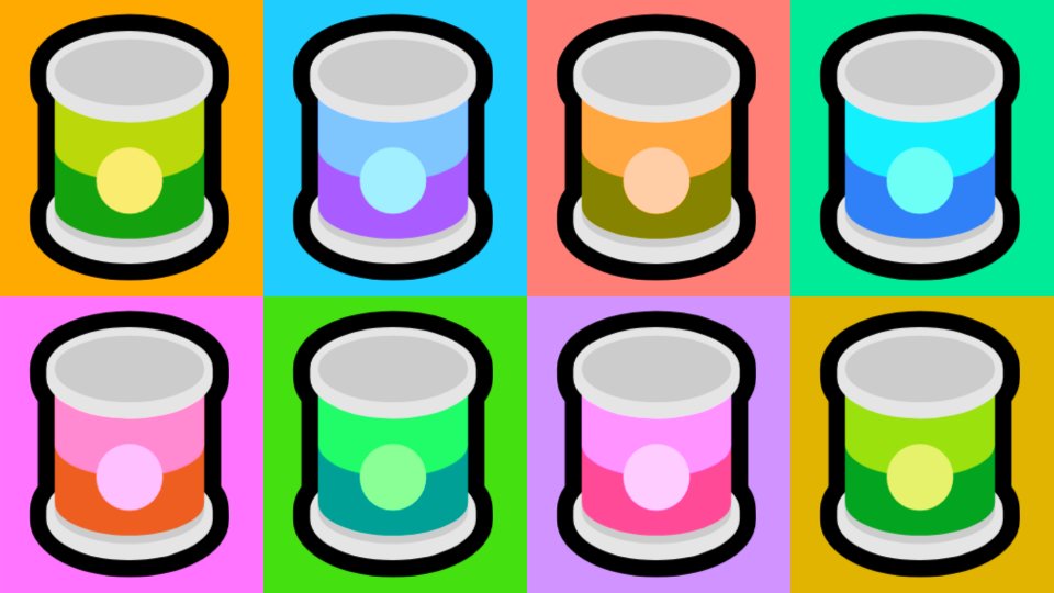 KilledByAPixel's tweet photo. Warhol Cans 🥫 https://t.co/MaWMelBCSW

with(x)t*=60,font='27em"',filter=`hue-rotate(${t*9}rad)`,fillStyle='#fa0',fillRect(X=t%4*480,Y=(t>>2)*540,540,540),fillText('🥫',X,Y+420)

#javascript #tweetcart #codesketch #tinycode #codegolf https://t.co/7r1f4IbCpR