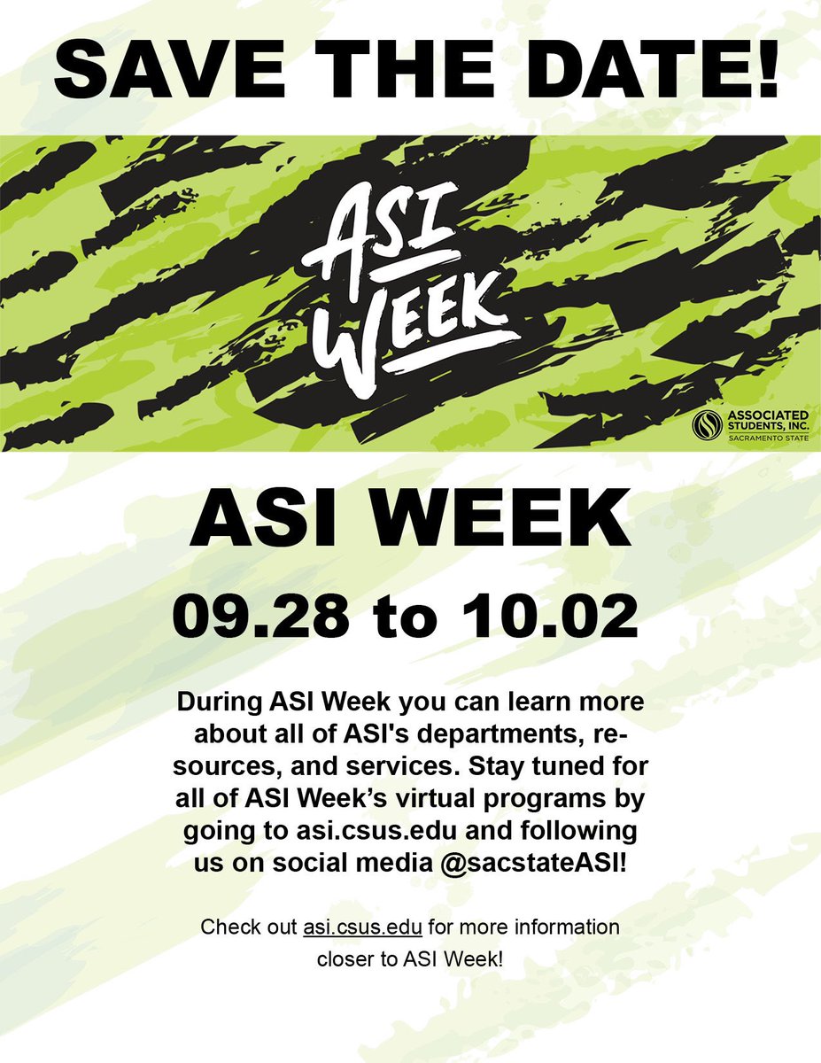 SacStateASI's tweet photo. ⚠️SAVE THE DATE!⚠️

ASI WEEK is 9/28-10/2 🎉

Tune in to learn more about all of ASI’s departments, resources, and services! #iamASI https://t.co/KBRSsROUaz