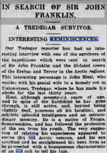 or “In search of Sir John Franklin: A Tredegar Survivor: Interesting Experiences”, in the Western Mail, Cardiff, 1898