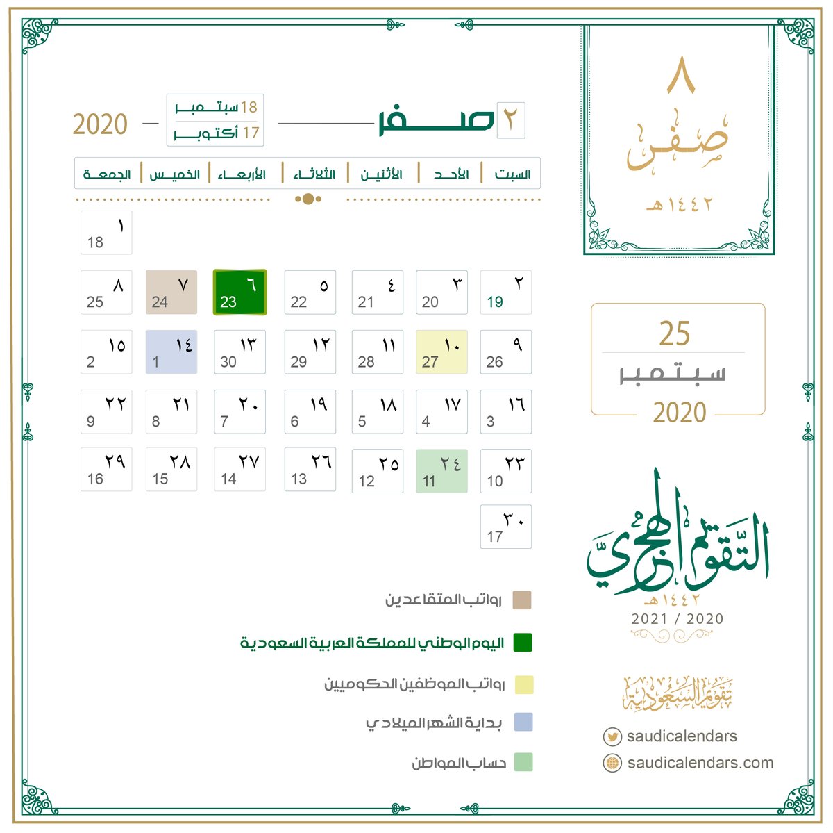 تقويم السعودية On Twitter تاريخ اليوم الخميس 8 صفر 2 1442 هـ الموافق 25 سبتمبر 9 2020 م أيام متبقية الراتب بعد غد التأهيل بعد غد