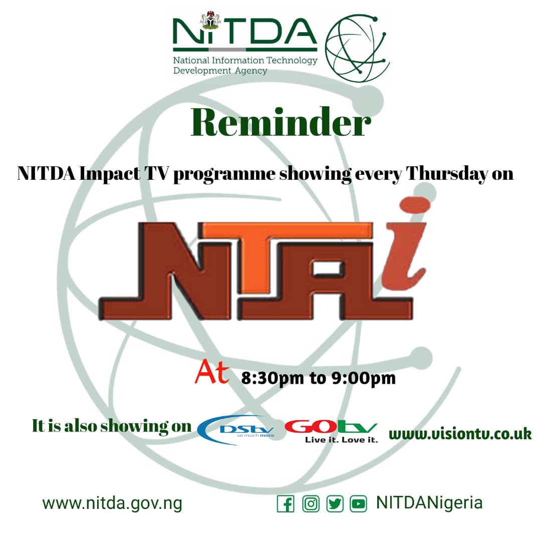 NITDA Nigeria (@nitdanigeria) on Twitter photo A Reminder on NITDA Impact TV Programme
We invite you to join us today for NITDA Impact TV Programme on NTAi 8:30pm - 9:00pm
This week we will take you to Glisten International Academy where the students invented  an indigenous front line mobile robot,  christened Mairabot. A Reminder on NITDA Impact TV Programme
We invite you to join us today for NITDA Impact TV Programme on NTAi 8:30pm - 9:00pm
This week we will take you to Glisten International Academy where the students invented  an indigenous front line mobile robot,  christened Mairabot.