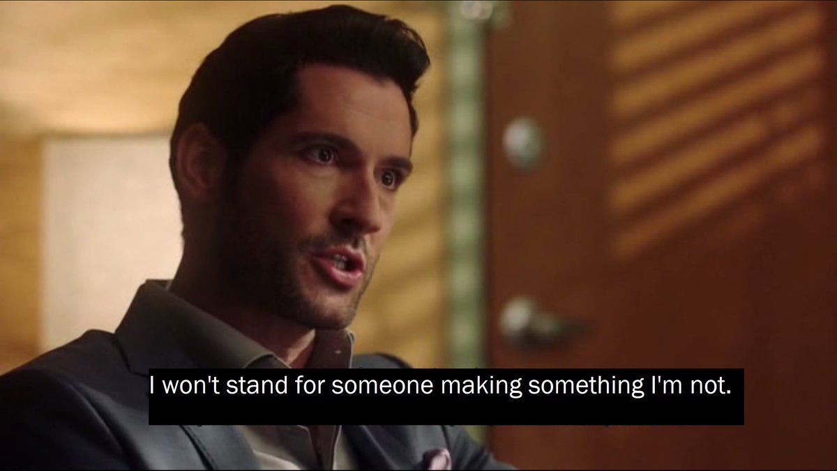 S3:  #Lucifer   loses the biggest part of his Devil identity=Devil face and spiral into an identity crisis. Bc, again, WHO IS HE IF NOT THE DEVIL? He works actively to try to regain this identity thru deals, punishments, tryna anger Dad again... even if that's not him anymore! 7/21