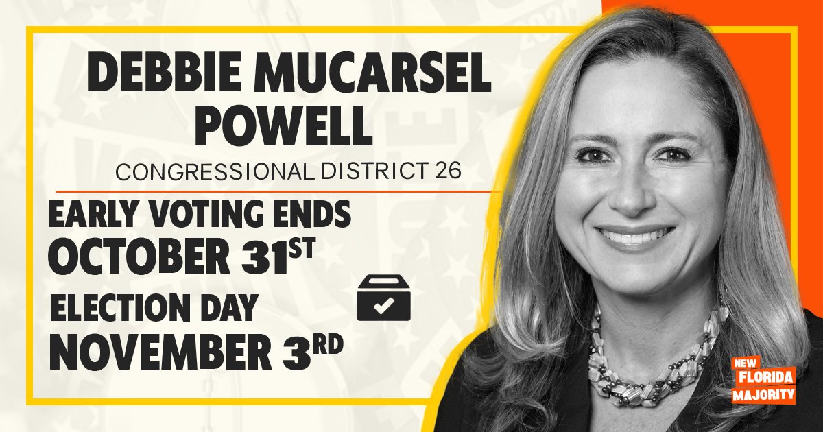 Debbie Mucarsel PowellCongresswoman  @DebbieforFL is the ONLY latina representing a congressional seat in the state of  #Florida. A climate champion, she has fought to protect coral reefs and public lands, and voted to protect coasts from offshore drilling. We need  @DebbieforFL!
