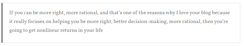 9/ Naval's conversation w  @ShaneAParrish was 'trustful' + relatively positive sentiment (although most negative of 3 at 0.07)Trust words ~ wisdom, wealth, thoughtful,etc.Most pos sentence (Shane): "More right... more rational... you're going to get nonlinear returns in life"