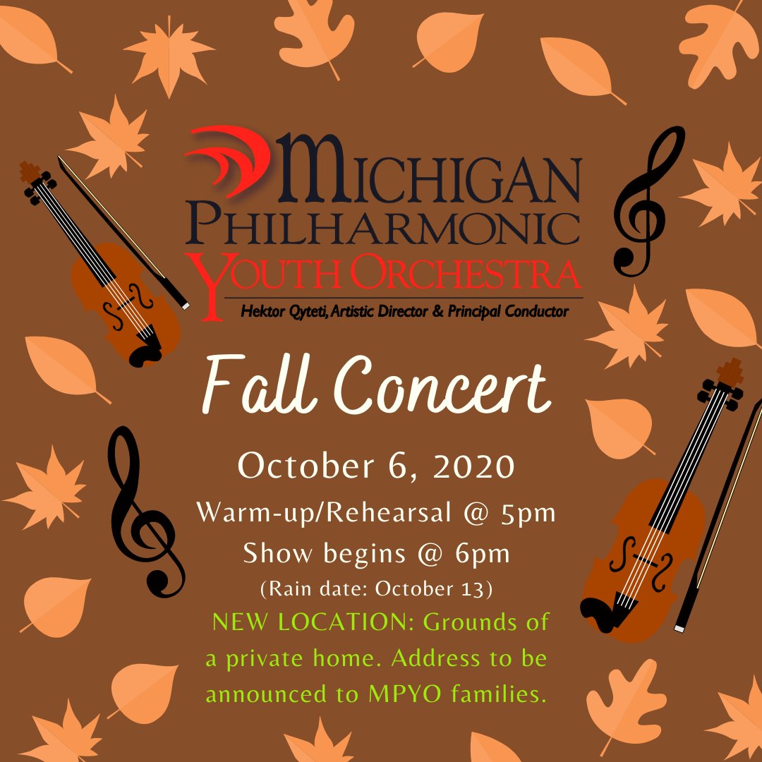 MiPhilYO's tweet photo. NEW LOCATION: MPYO concert will be held on the grounds of the private home of a board member. Contact nancyd@michiganphil.org for details. https://t.co/A1rSRZlzvB
