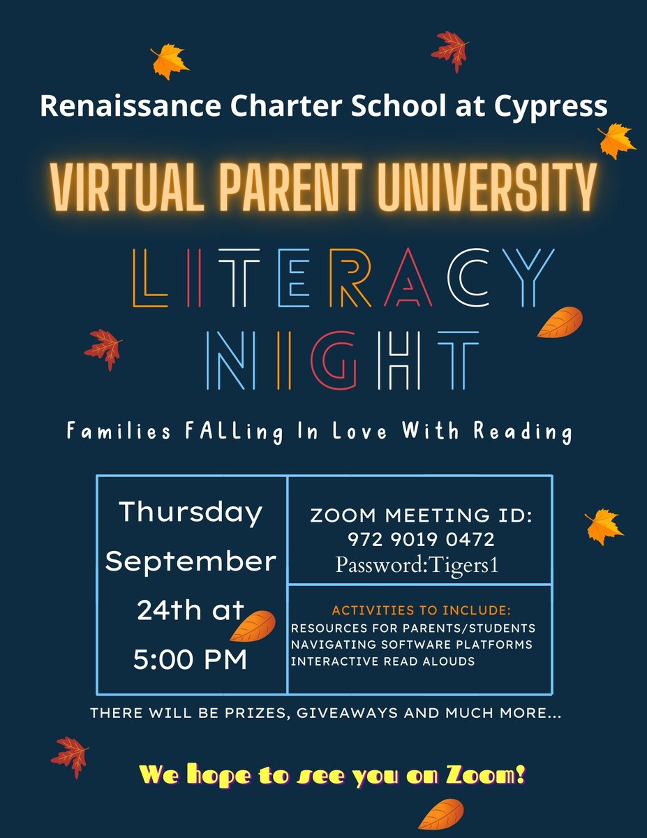 Good afternoon Tiger Families! This is a reminder about our Family Literacy Night happening on Zoom at 5:00pm today. It's going to be fun and informative. See flyer for login information. #TigerGreat #CSUSAProud