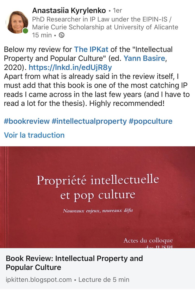 yannbasire's tweet photo. Si vous hésitiez encore, voici une review de l’ouvrage « PI et pop culture» - publiée sur @Ipkat  - qui pourrait vous convaincre de vous lancer dans l’aventure! 😉 https://t.co/pSNKnKGJBb
#ippop @Les_Juspi @IRPI_Paris_II 
Thanks a lot to A. Kyrylenko for this pleasant review! https://t.co/8zoqR9vj8y