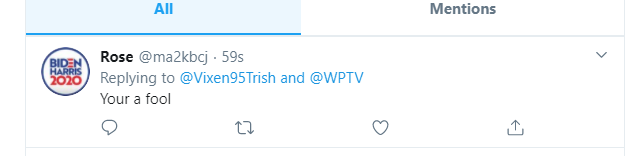 Vixen95Trish's tweet photo. @WPTV Shout out to the #ReplyAndBlock Coward
@ma2kbcj!
Rose, it's *you're.
If you want to insult me, please try to use correct grammar. :) https://t.co/LDbk05FLsC