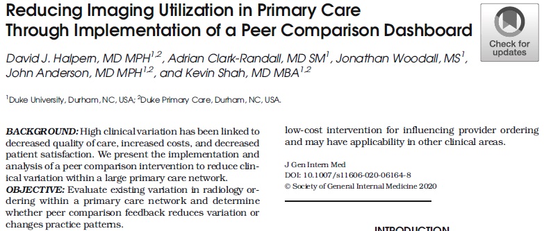 JournalGIM's tweet image. #PeerComparison utilization dashboard yielded a sustained and immediate 17.3% reduction in imaging ordering by providers in a large primary care network. #valuebasedcare @Kevin_Shah @AdrianClarkRan rdcu.be/b7Fv3