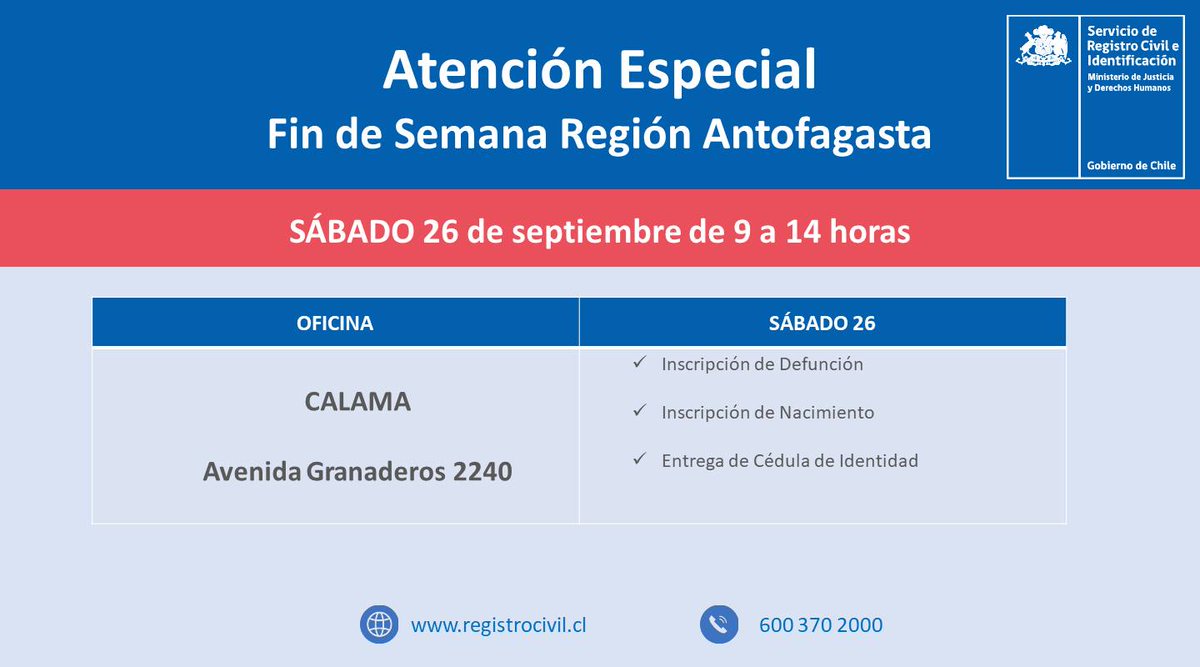 🔴Atención #Calama 📢

Este 𝐬𝐚́𝐛𝐚𝐝𝐨 𝟐𝟔.𝟗 la Ofic. del <a href="/RegCivil_Chile/">Registro Civil e Identificación - Chile</a> atenderá los siguientes trámites de 9 a 14 hrs: 

🔹Inscripción de Defunciones 
🔹Inscripción de Nacimientos
🔹Entrega de Cédula de Identidad

#CuidaTuCédula
<a href="/MinjudhAntof/">Seremi Justicia y Derechos Humanos Antofagasta</a> <a href="/GOREAntofagasta/">Gobierno Regional Antofagasta</a> @loa_gober