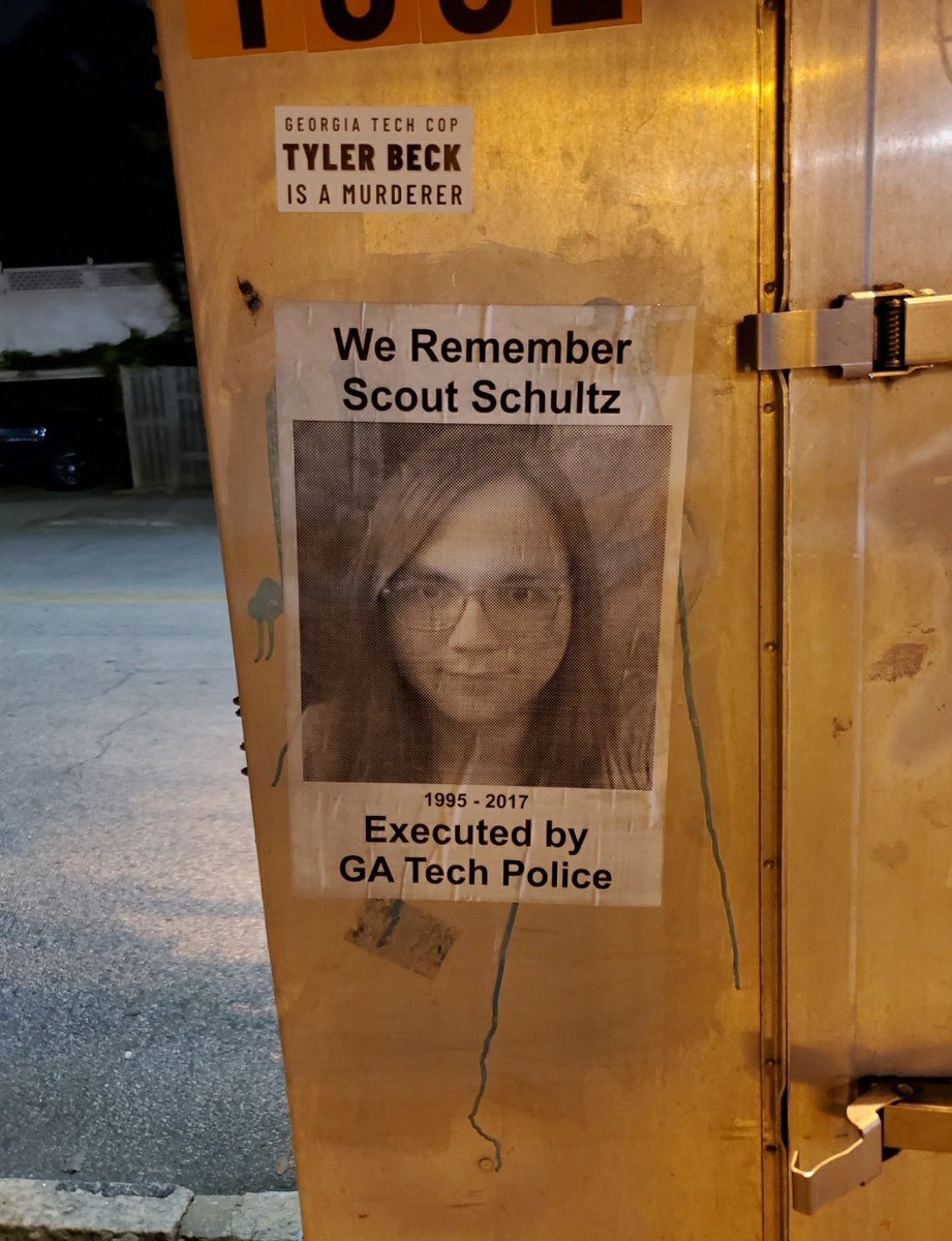 AllOutAtlanta's tweet image. Flyers and stickers spotted up all over Ga Tech campus on the anniversary of Scout Schultz murder by campus police.