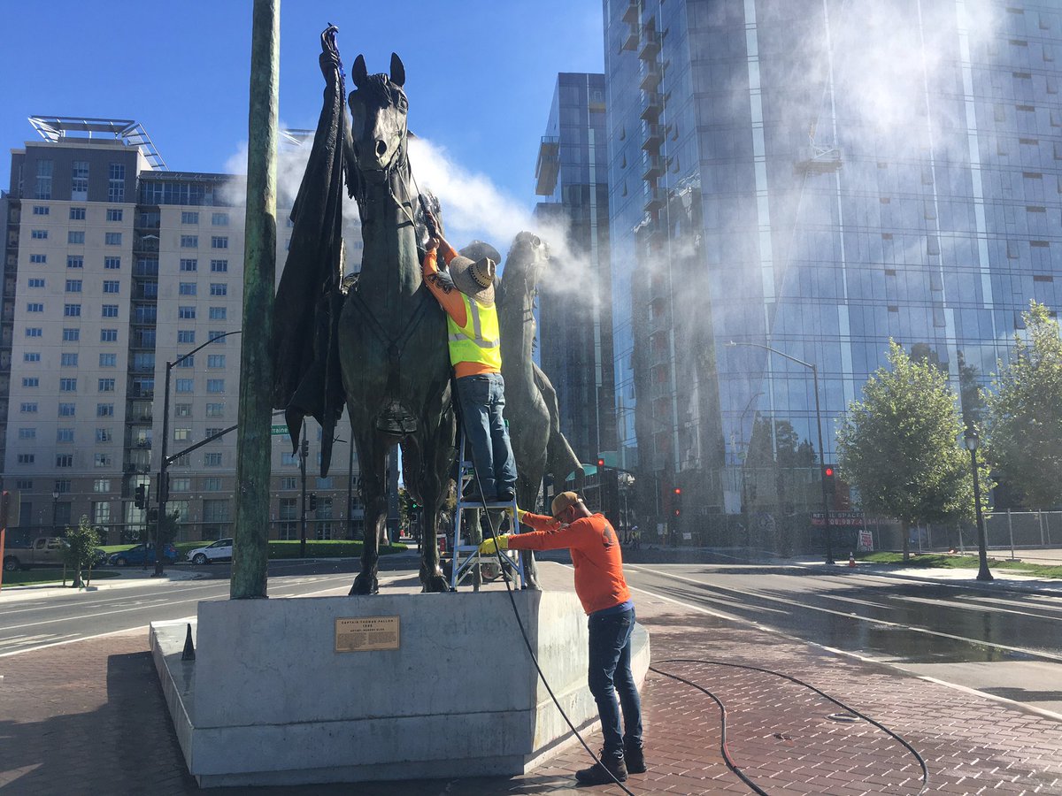 RFladeboe7's tweet photo. The morning after #BreonnaTaylor protests leave their mark on city hall, #ThomasFallon statue and other buildings in downtown #SanJose https://t.co/a1HSic93RD