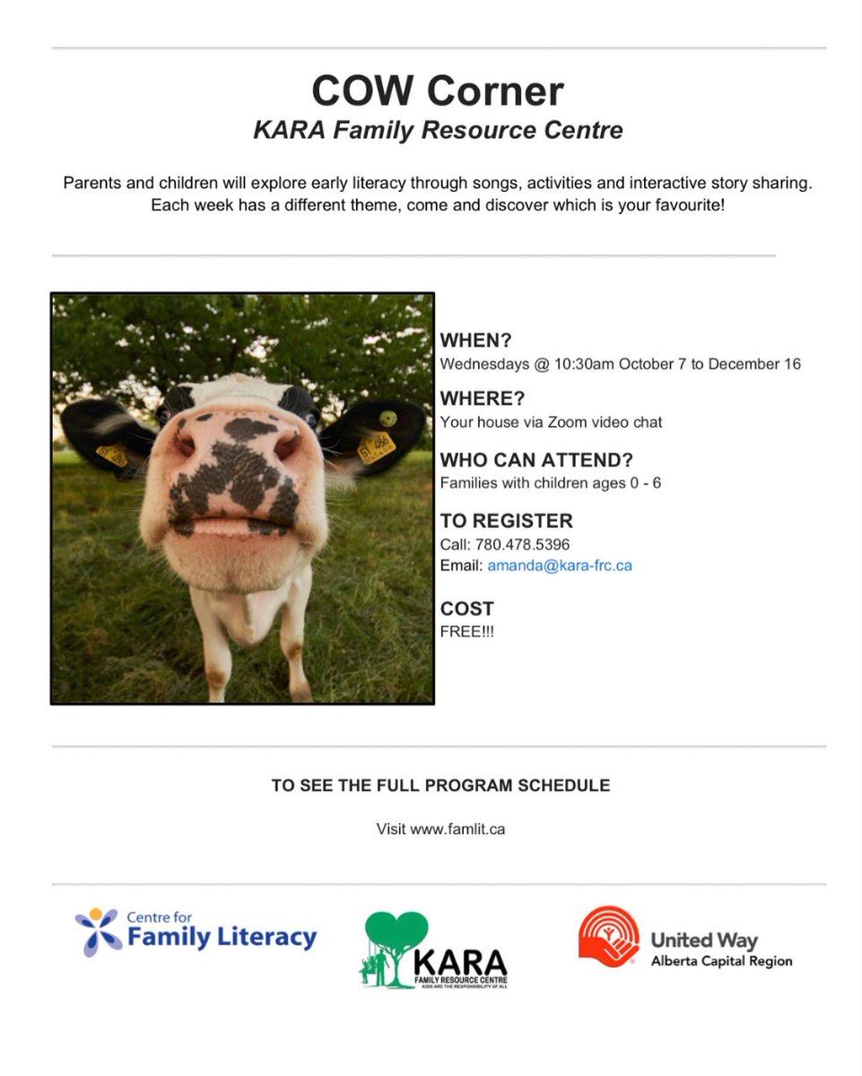 KARAFRC's tweet photo. We are excited to be partnering with Centre for Family Literacy, to run 2 Zoom programs from Oct until the middle of Dec. Come join us via ZOOM
Registration open Now until Sunday, Sep27 at 5pm
#kara #literacy #home #family #childdevlopment #healthyfamily #familysupport #nonprofit https://t.co/DRug5eOuhz