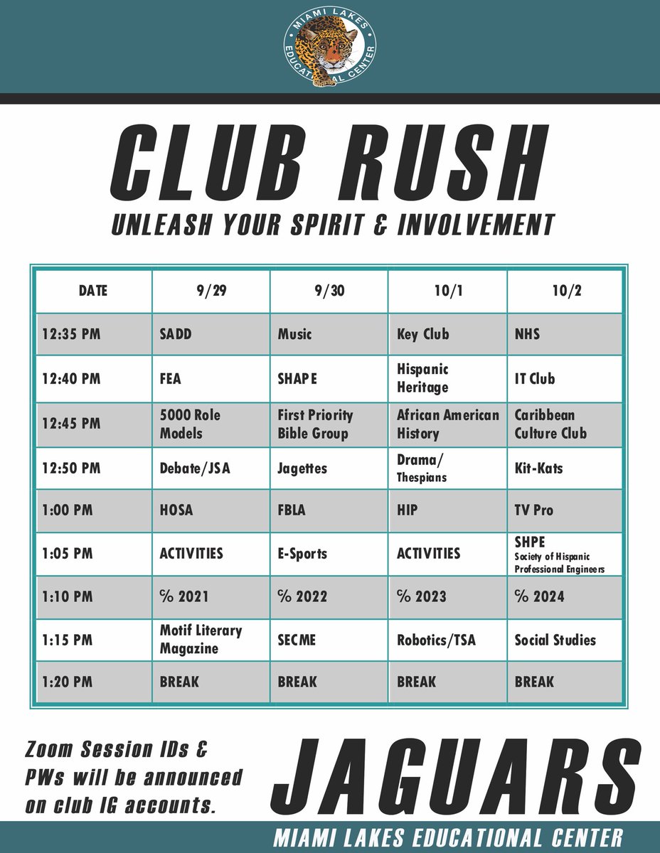 MLECJaguars's tweet photo. During #JagRush next week, you will have the opportunity to explore more than 40 clubs catering to all sorts of interests and academic areas. Be sure to follow MLEC club accounts for zoom session ID and password information for scheduled Meet and Greets. @miamimagnetschools https://t.co/doYvuJe1V1