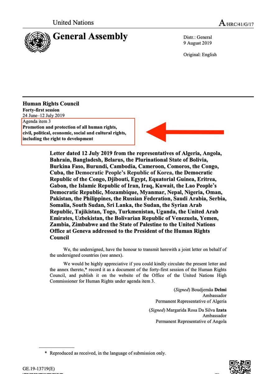 🇨🇳 China said I wasn't allowed to raise the issue of the Uighurs under the UNHRC's Agenda Item 3 ('Promotion & protection of all human rights').
So I pulled out the letter by 50 UNHRC reps praising China's treatment of the Uighurs—which they had submitted under...Agenda Item 3. https://t.co/RwFc0ZgaF9