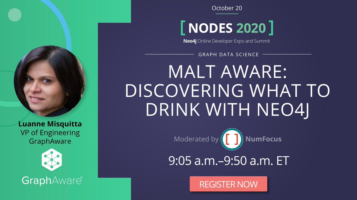 neo4j's tweet photo. See @graph_aware's @luannem at #NODES2020 on October 20!
"Malt Aware: Discovering What to Drink with #Neo4j"
Reserve your spot: https://t.co/1lfZDVo6ti
#recommendations #recommendationengine #GraphAware https://t.co/3sX3u102by
