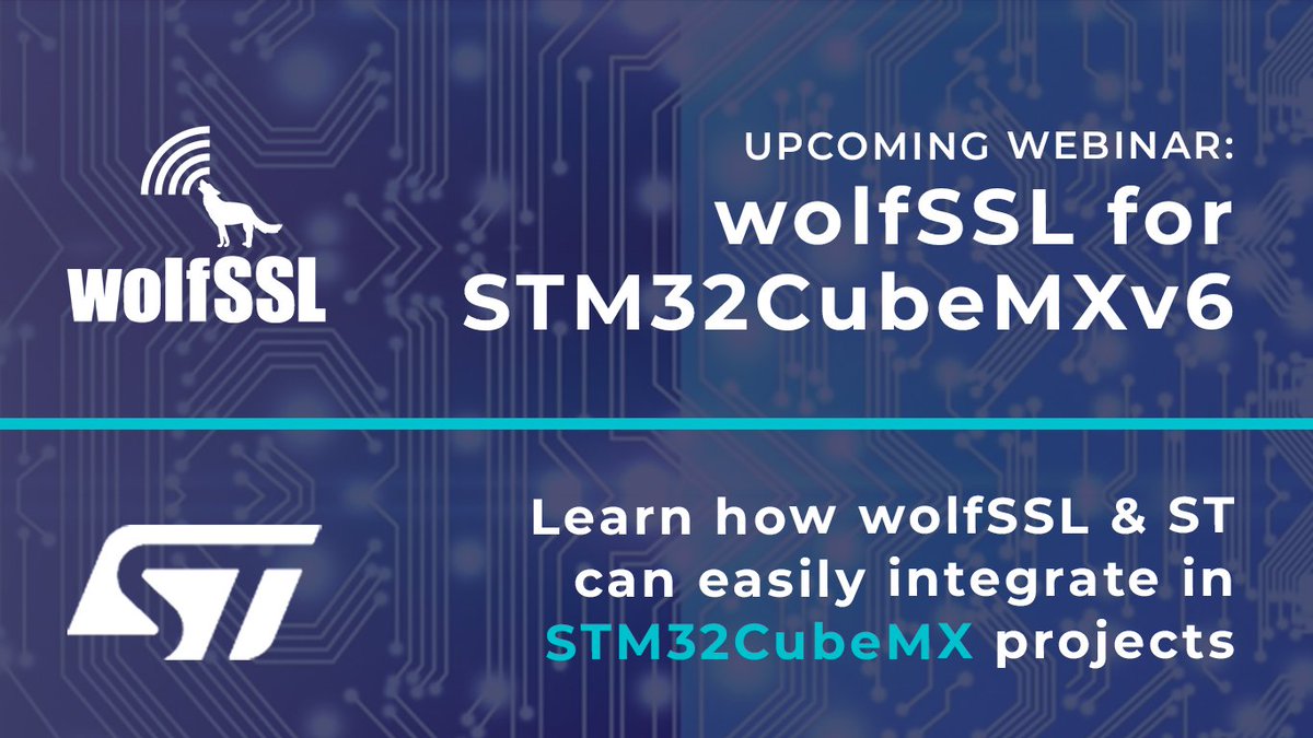 We are excited to announce our upcoming webinar: wolfSSL for STM32CubeMXv6! Join us for a 1-hour webinar to learn how wolfSSL & ST can easily integrate in STM32CubeMX projects.

Ses 1. Oct 1, 10AM CET
ow.ly/lAgv50Bx9J7

OR

Ses. 2 Oct 1, 5PM CET 
ow.ly/gVCU50Bx9J6