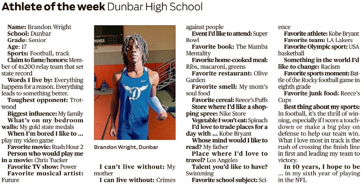 DaytonSchools's tweet photo. This is Brandon Wright, DDN's (and our) Athlete of the Week. Brandon is a Dunbar senior who plays football and runs track. He's a member of the 4x200 relay team that set the state record! #DPSNation #DPSRises https://t.co/nkQ4XesSiR