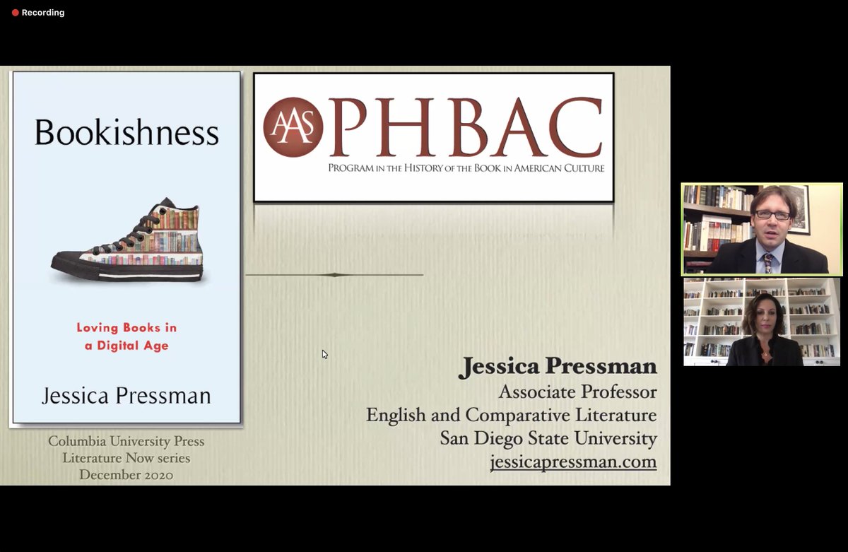 Happening now! @jesspres on #Bookishness, today's #PHBAC talk with @AmAntiquarian. A 'love letter' to the material literary object and its many transformations in the digital age #BookHistory