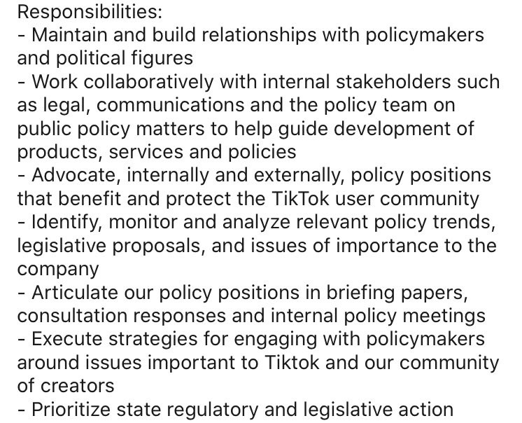 In today’s installment of “Big Tech’s hiring spree for lobbyists,”  @tiktok_us is on the hunt for someone to handle US state govt affairs  https://www.linkedin.com/jobs/view/2149709477. To this job description, I would add: being able to actual know who owns TikTok’s US operation 