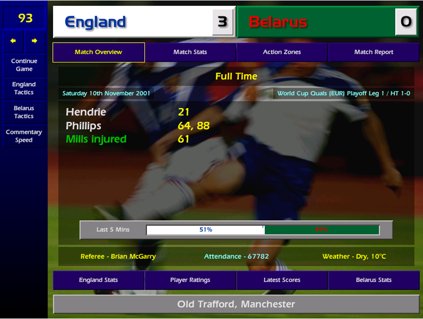 I named an unchanged squad for the play-off games, although Dean Richards & Joe Cole replaced the injured Ugo Ehiogu and Rod Wallace in my game XI. The game was won with goals from Hendrie (3 in 5 caps) and Phillips' first goals in his 10th cap (a hattrick effort was disallowed.