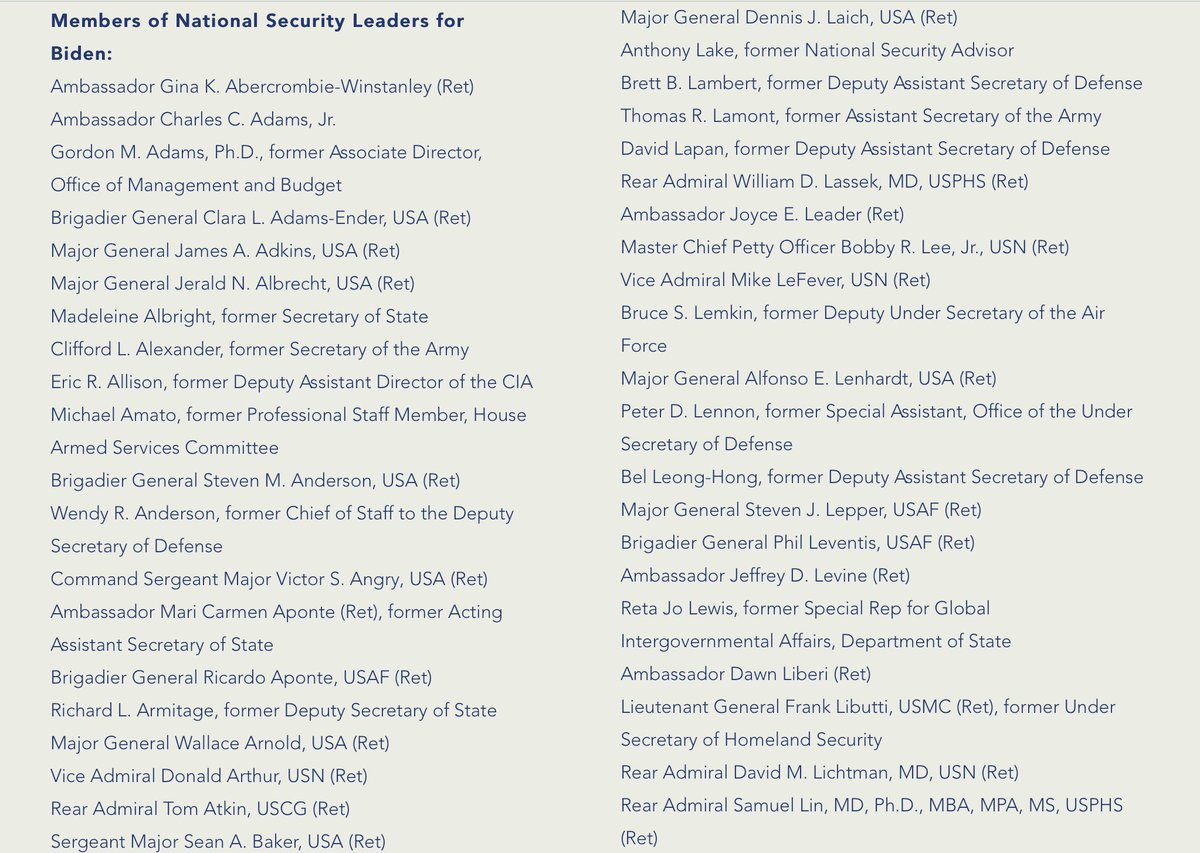 Open Letter List of 489 Retired Generals, Admirals, Sr. Noncommissioned Officers, Ambassadors & Sr. Civilian National Security Officials Supporting Joe Biden for President: @POTUS  @CYBERCOM_DIRNSA  @GenFlynn  https://www.nationalsecurityleaders4biden.com/&nbsp;
