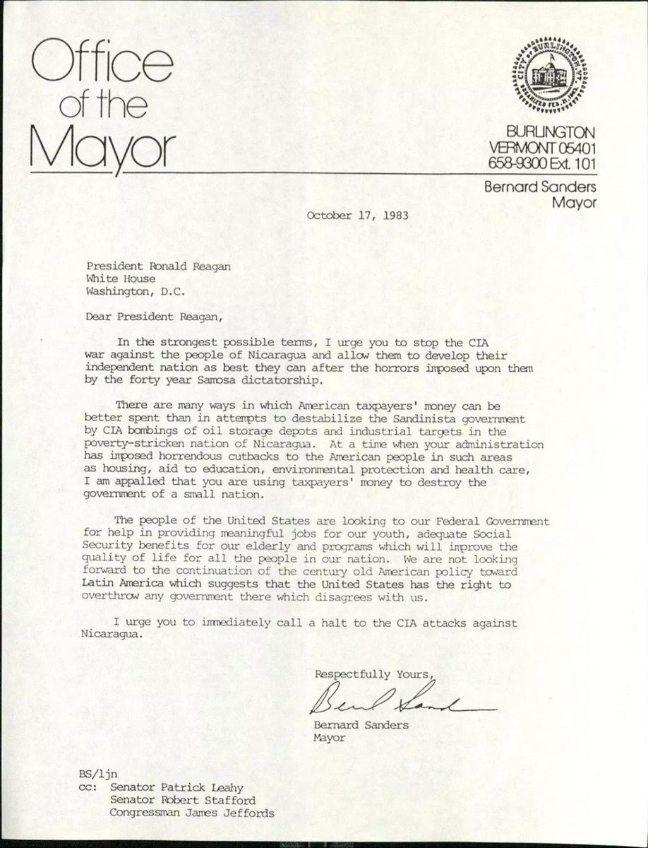 In 1983, Bernie opposed Ronald Reagan's death Squads.
