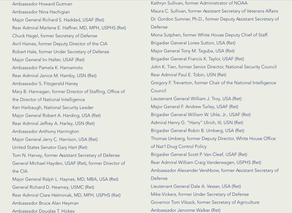 Open Letter List of 489 Retired Generals, Admirals, Sr. Noncommissioned Officers, Ambassadors & Sr. Civilian National Security Officials Supporting Joe Biden for President: