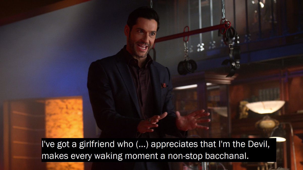 Meanwhile,  #Lucifer   is once again struggling, trying to re-fit in the mold of his old Devil self, as Eve defines him. At 1st she defines it as the fun Devil she met in the garden: so back to parties, drugs and orgies bc that's what she expects from him... 13/21