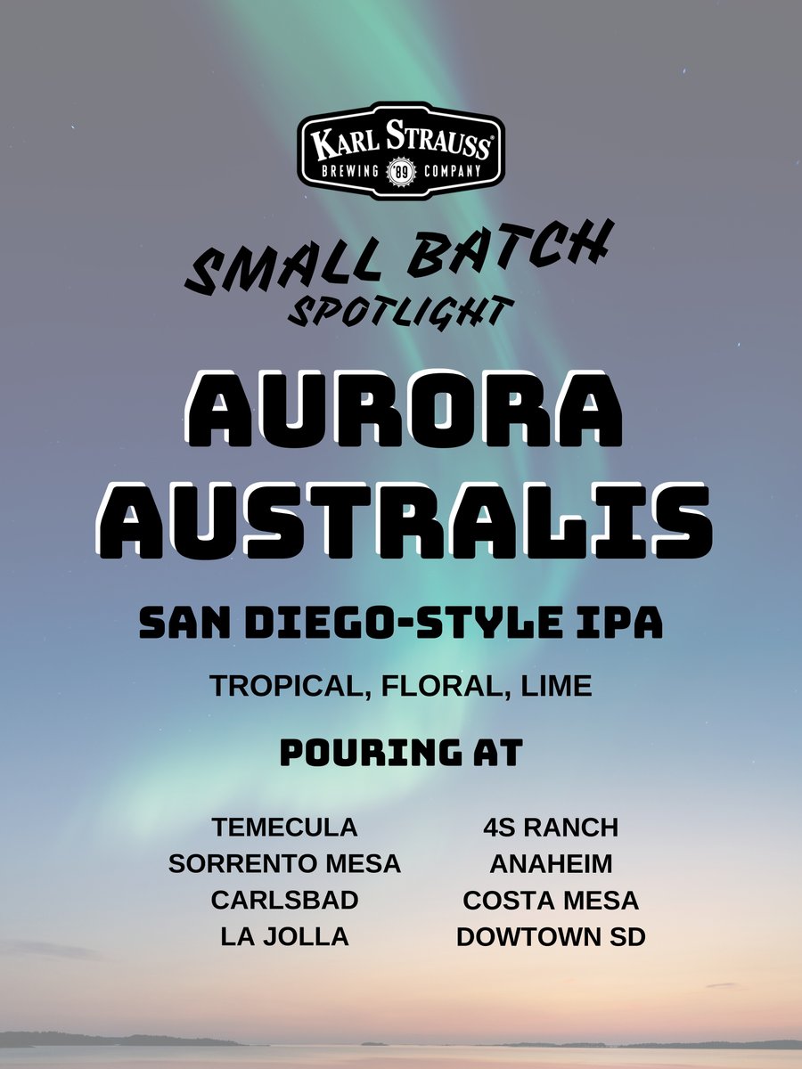 Aurora Australis is a stellar San Diego-style IPA space jam packed with Wakatu &amp; Ella hops, which offer tropical aromas and floral flavors. Aurora Australis: it may be hard to say, but it sure is easy to drink. Find it at the brewpubs listed in the graphic🔭 #smallbatchspotlight