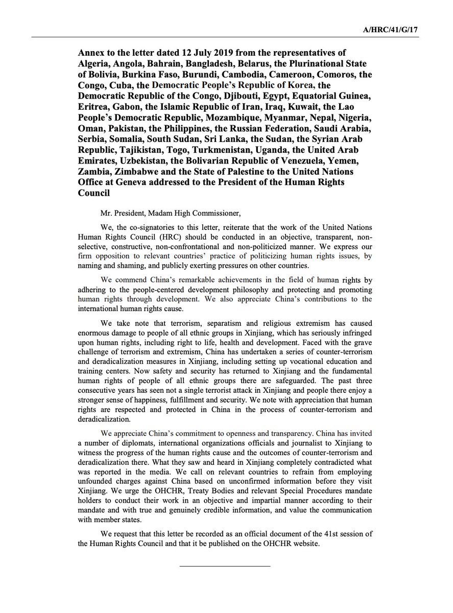 No joke: last year, 50 U.N. Human Rights Council ambassadors PRAISED China for locking up 1 million Muslims:
🇵🇸 State of Palestine
🇸🇦 Saudi Arabia
🇰🇵 North Korea
🇿🇼 Zimbabwe
🇻🇪 Venezuela
🇨🇩 DR Congo
🇵🇰 Pakistan
🇧🇮 Burundi
🇩🇿 Algeria
🇷🇺 Russia
🇪🇬 Egypt
🇸🇾 Syria
🇮🇷 Iran
🇮🇶 Iraq
... https://t.co/DwllKh5sE5