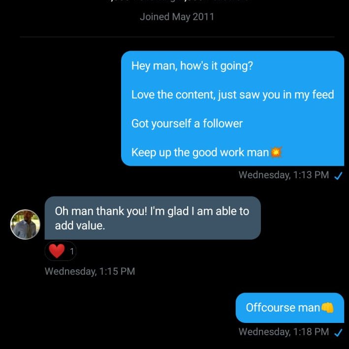 You should make connection & network with small creators as wellThey will also help you to get an initial boost.Drop a Random Dm, steal my words