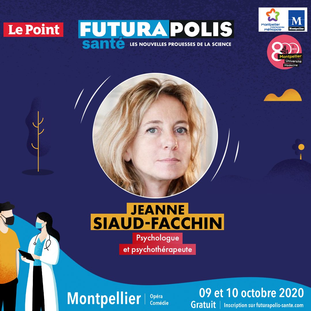 Les 9 &amp; 10 Octobre, <a href="/JSiaudFacchin/">Jeanne Siaud-Facchin</a> sera présente à #FuturapolisSanté. Conseils sur comment bien vivre malgré la #Covid19, atelier sur les métiers #psy... Inscrivez-vous vite pour venir l'écouter, c'est gratuit : bit.ly/Fsante
#Santé #Epidémie #Covid19 #psycho