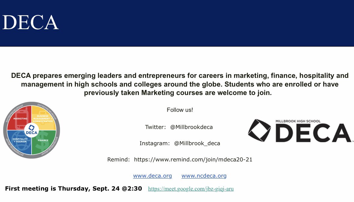 Join the google meet today for information about DECA this year!