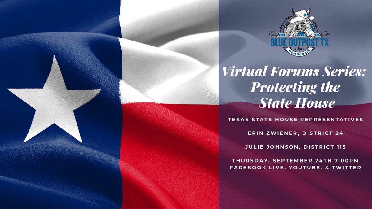 BlueOutpostTX's tweet image. We're getting ready to welcome @ErinForYall and @juliejohnsonTX at 7pm!

@CollierForTexas hosts again, and @carlimosier is moderating along with Jaime Rodriguez!

Tonight, our forum is all about defending our Texas House seats! Let's support these electeds, &amp;amp; get them re-elected!