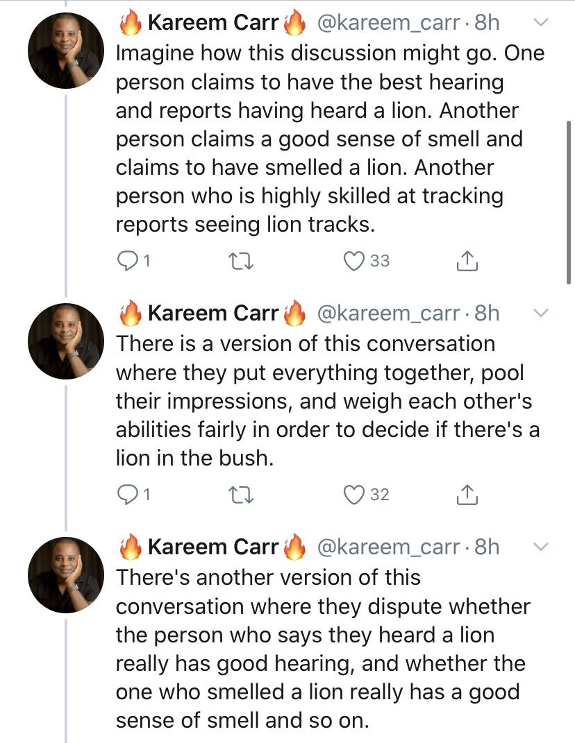 By returning to animal analogies, Kareem confuses himself again, though in not quite as epic a fashion as chicken math. The reality of methodological rigor and mutual checking through falsification and hypothesis testing is lost in the nonsense.