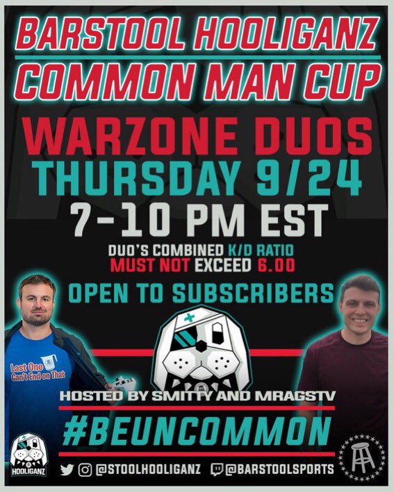 stoolhooliganz's tweet photo. The #CommonManCup is live!

Storylines to watch out for:
-First ever Duo's Tournament
-@barstoolWSD &amp; @realskullface49 SAME TEAM
-Defending champs IN THE ARENA

Join chat > https://t.co/t89aflWhje https://t.co/DeNPAdtfQZ