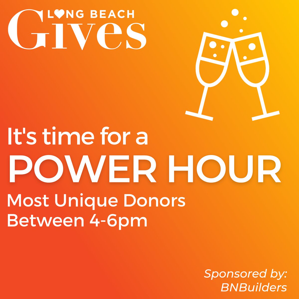 LongBeachGives's tweet photo. It's power hour time!
Donate between 4-6pm to help your nonprofit win the "Happy Hour" prize for most unique donors during this time.
Thank you @bnbuilders for sponsoring this prize.
Join the fun https://t.co/EsPKjgPwgI to learn more.
#LongBeachGives #JoinTheFun #Prizes https://t.co/uJvSVg5kP8